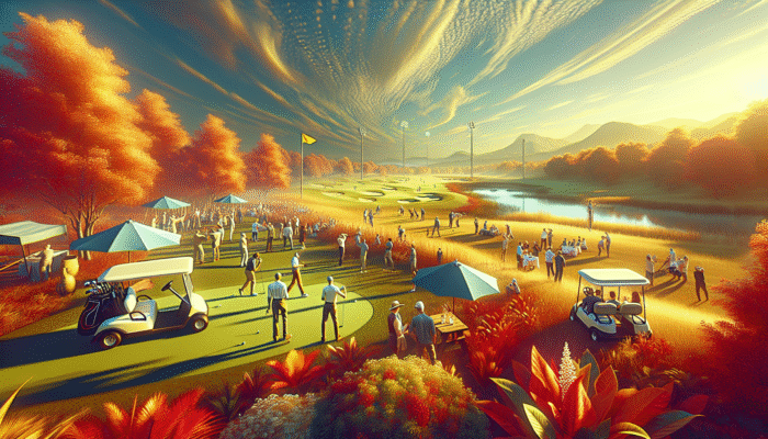 A vibrant golf party in South Africa during autumn, with guests enjoying mild weather on a lush course under a golden sky.