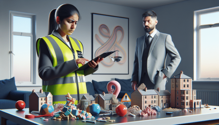 UK local authority inspector in high-visibility vest inspecting rental property, landlord anxious with legal documents and penalty notices.
