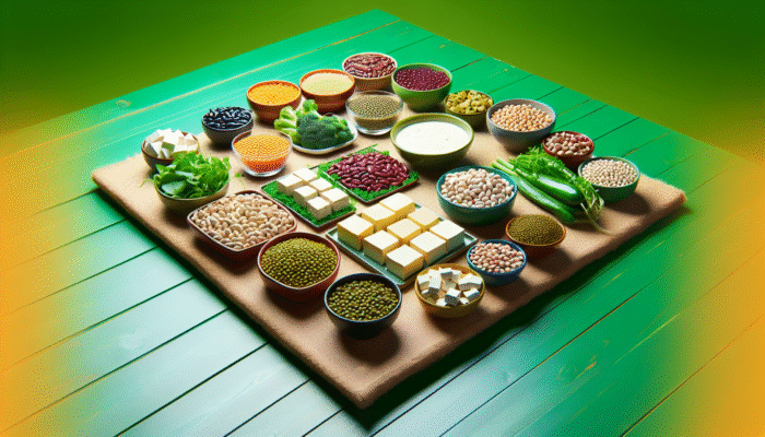 Research on Plant-Based Proteins: A variety of plant-based proteins like beans, lentils, and tofu on a green table, symbolizing health and sustainability.