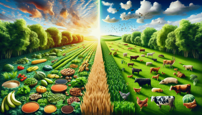 Infographic comparing environmental impact of plant-based vs animal-based proteins, showing reduced emissions from plant sources on sustainable farmland.