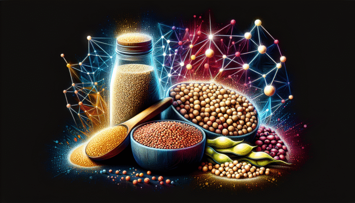 A chart displaying amino acid profiles of quinoa, lentils, and soybeans with connecting lines for nutritional combinations.