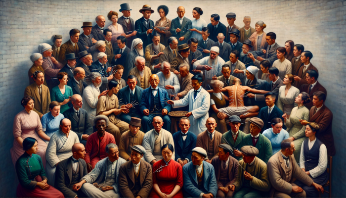 Early 20th-century British people around an acupuncturist, showcasing a mix of curiosity and skepticism towards the ancient Chinese practice.