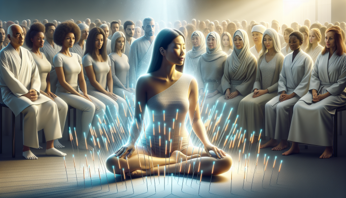 Serene Asian woman receiving acupuncture, surrounded by glowing needles, observed by diverse crowd.