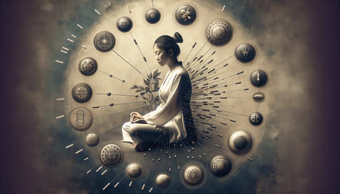 A serene Asian woman receiving acupuncture, surrounded by symbols of acupressure, reflexology, and cupping.