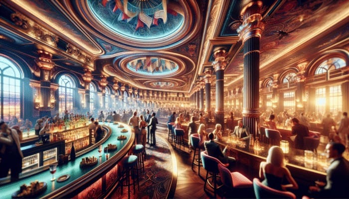 A vibrant Las Vegas casino bar scene at night, showcasing luxurious interiors of Bellagio, Caesars Palace, and The Venetian, with patrons enjoying cocktails amidst dazzling decor and lively entertainment.