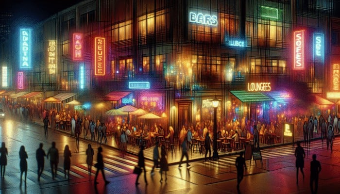 A vibrant city street at night with diverse themed bars and lounges, colorful neon signs, and lively patrons.