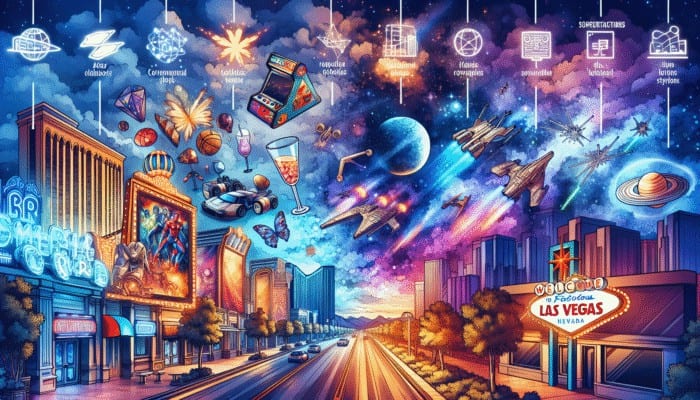 A Las Vegas night scene with fantasy and sci-fi themed bars, including comic, video game, and Star Wars themes.