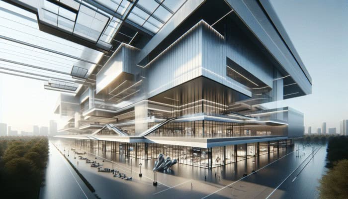Luxurious mall with sleek lines, expansive glass facades, and contemporary art installations bathed in natural light.