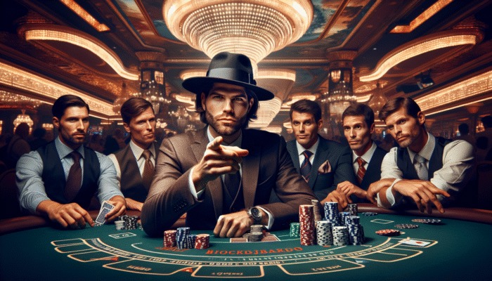 A skilled gambler at a Las Vegas blackjack table, utilizing strategy charts while novices look on.