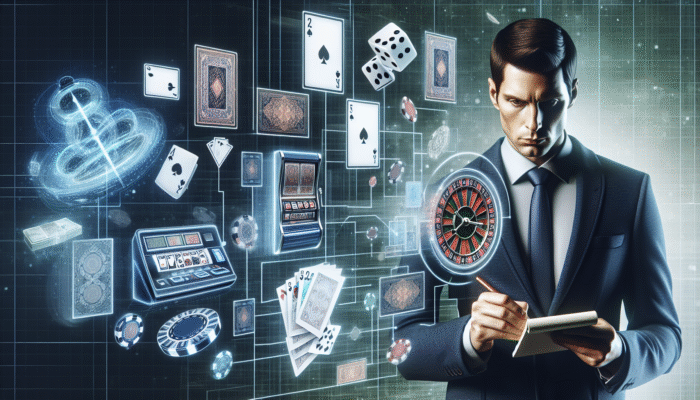 A person analyzing casino game odds charts surrounded by gaming items, making well-informed bets.
