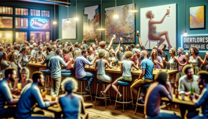 Best Day Drinking Bars in Henderson: A vibrant downtown bar scene with local art, lively patrons, and community events.
