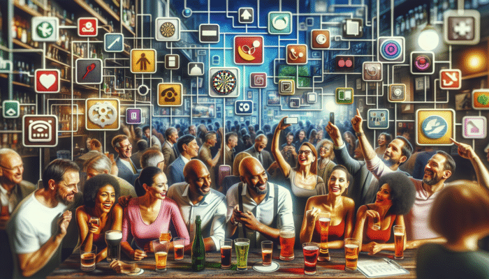 A lively group on a pub crawl engaging in a scavenger hunt, collecting coasters and taking photos with bartenders.