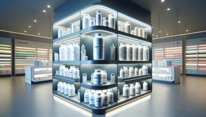 Bottles of omega-3 supplements on a shelf in a modern health store, labeled for purity, sustainability, and potency.