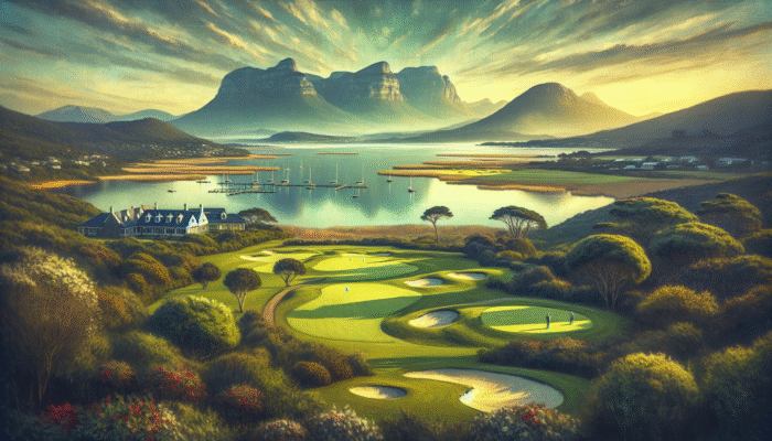 1921 Knysna Golf Club scene with nine-hole course, overlooking Knysna Lagoon and Outeniqua Mountains.