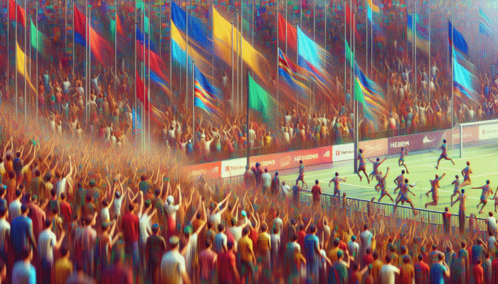 A vibrant scene of a brand-sponsored local sports event with banners and cheering crowds.