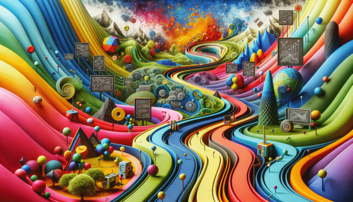 A vibrant landscape with a path through colorful educational environments, showing unique course designs and interactive features.