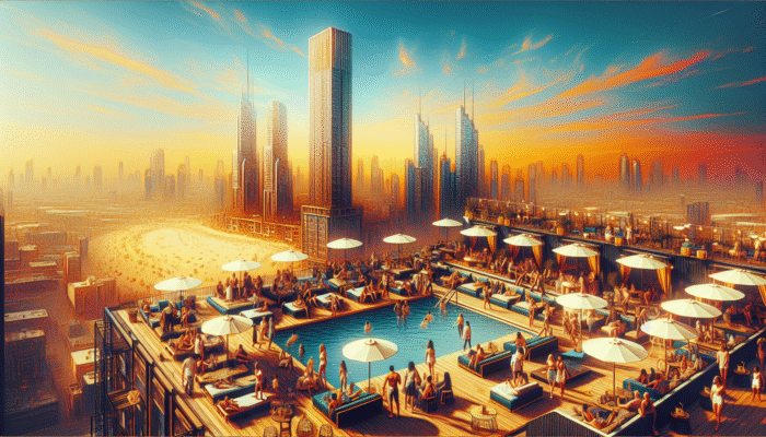 Top Day Drinking Venues at the Cromwell: Rooftop scene at Drai's Beachclub & Nightclub, people enjoying cocktails and skyline views in Las Vegas.
