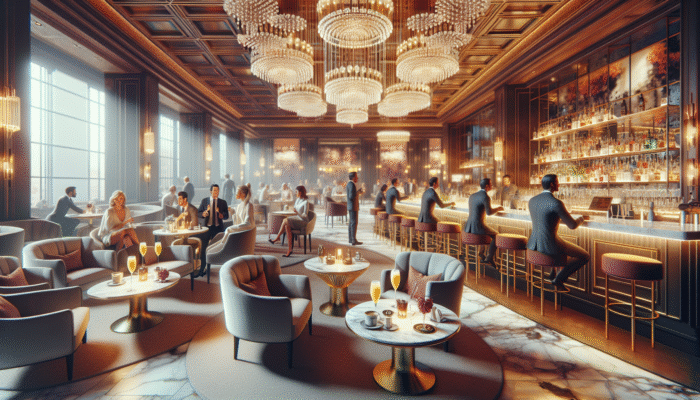 Elegant Lobby Bar at The Cromwell, Las Vegas, with plush seating and stylish patrons enjoying morning drinks.