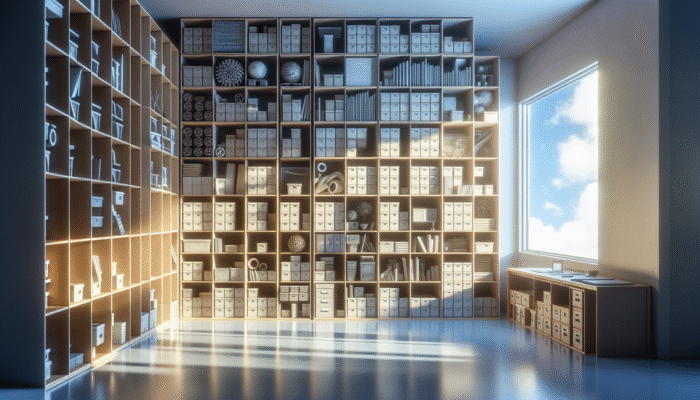 A serene room with neatly organized shelves and labeled boxes, showcasing a systematic arrangement of personal belongings in soft light.