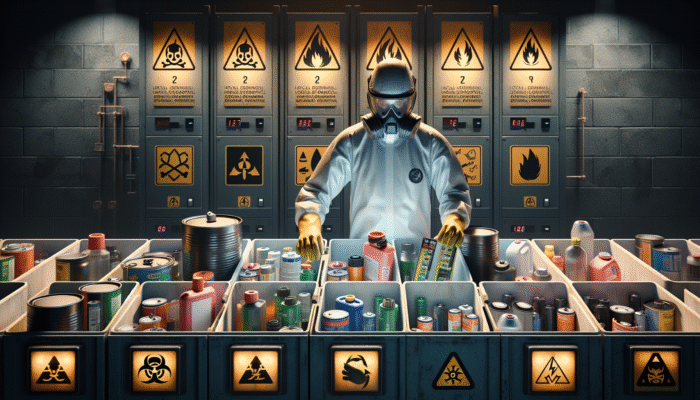 Person in protective gear sorting hazardous materials into labeled containers at recycling center, following safety guidelines.