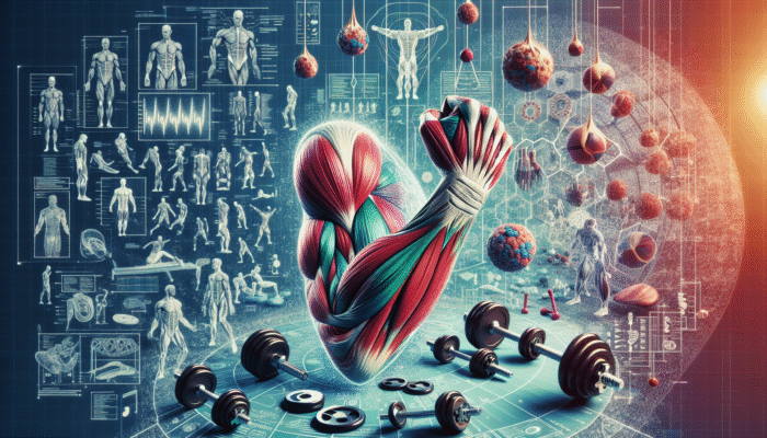 Anatomical illustration of muscle tears, inflammation, and swelling with exercise equipment and biomechanics diagrams.