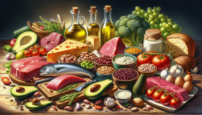A vibrant table with foods essential for hair health: meats, fish, legumes, dairy, avocados, olive oil.