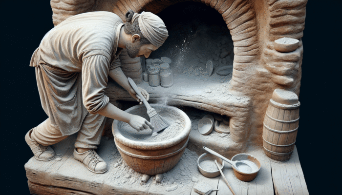 A person cleaning a clay oven's interior with a brush and baking soda paste in a rustic kitchen.