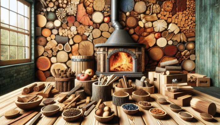 A rustic kitchen with oak, hickory, mesquite, and fruitwoods around a wood-fired oven, enhancing dish flavors.