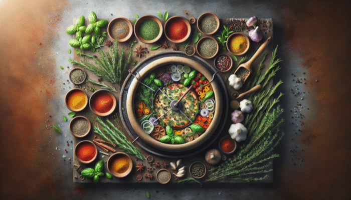 A rustic clay oven with fresh herbs and bowls of spices enhancing a sizzling dish.