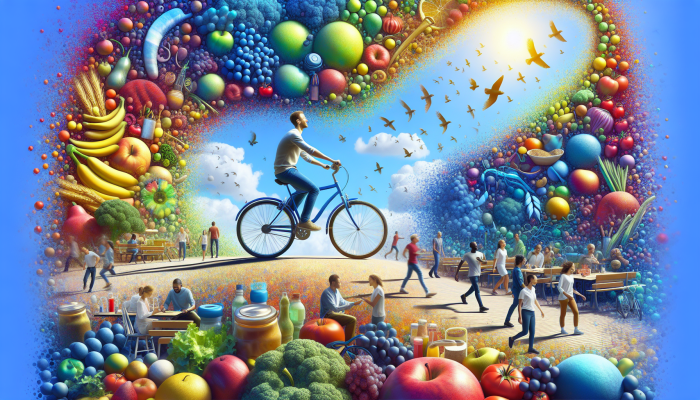 Person cycling in a park, surrounded by healthy foods, symbolizing prevention of type 2 diabetes.