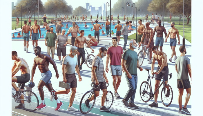 Diverse men exercising in a park, engaging in walking, jogging, swimming, cycling, and strength training, symbolizing health and community support for managing type 2 diabetes.