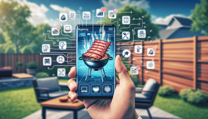 Best BBQ Apps for Recipe Tracking: A novice using a BBQ app on a smartphone to grill ribs in a backyard setting.