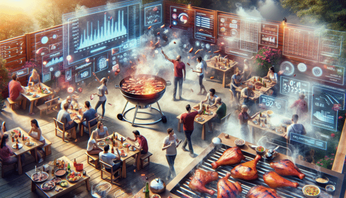 Enthusiasts using advanced BBQ tracking tools, digital thermometers, and smartphone apps amidst grills and barbecued meats.