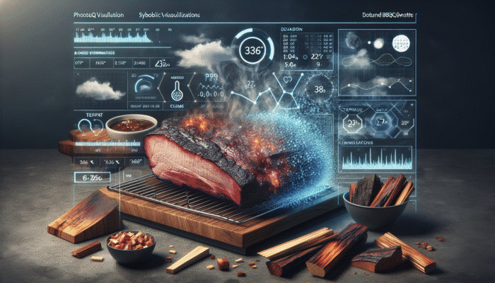 A digital dashboard showing BBQ metrics, graphs, and weather data with a smoky brisket and wood types.