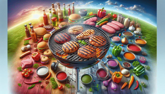 How to Grill for Diabetic-Friendly BBQ: Grilled lean meats including chicken breasts and turkey burgers and tenderloins on a BBQ, with vibrant marinades and herbs.