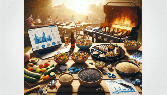A colorful BBQ setup with grilled vegetables, quinoa salad, and bowls of brown rice and farro on a wooden table under the summer sun, showcasing a diabetic-friendly meal.