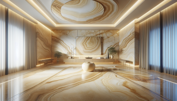 Elegant travertine tiles in soft cream to rich golden beige hues and unique vein patterns in a sophisticated interior.