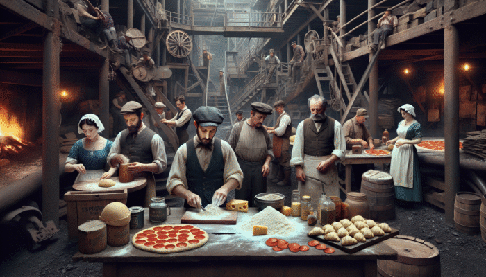 Italian immigrants in early 20th-century West Virginia coal mines crafting the first pepperoni rolls.