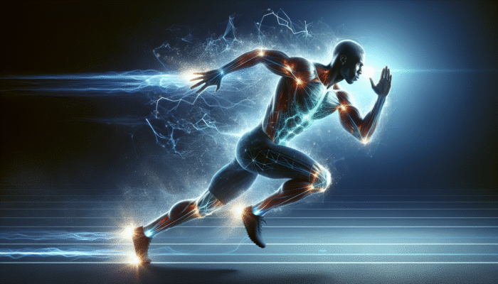 An athlete sprinting with muscles energized by magnesium, surrounded by a dynamic aura of power.