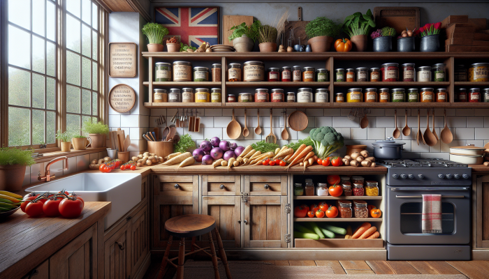Cozy British kitchen with shelves of classic recipes and seasonal UK produce for batch cooking.