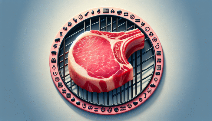 A vibrant pink pork chop with marbling on a grill, from a heritage Berkshire pig at a local farm.