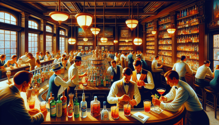 A bustling Greenwich Village bar, Dante, with vintage decor and lively patrons enjoying expertly crafted Negronis.