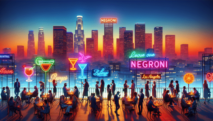 Los Angeles cityscape at dusk with neon signs of top Negroni bars and patrons enjoying cocktails on terraces.