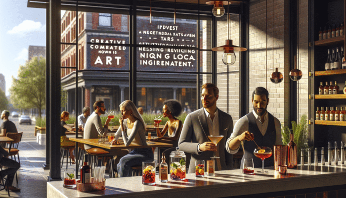 Modern bar in Arts District with patrons enjoying a creatively twisted Negroni on a sunny patio and chic interior.