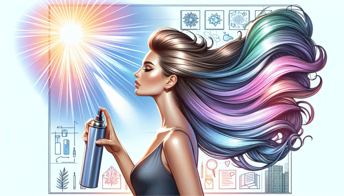 Individual applying UV protection hairspray outdoors, displaying vibrant, glossy hair under bright sunlight and a gentle breeze.