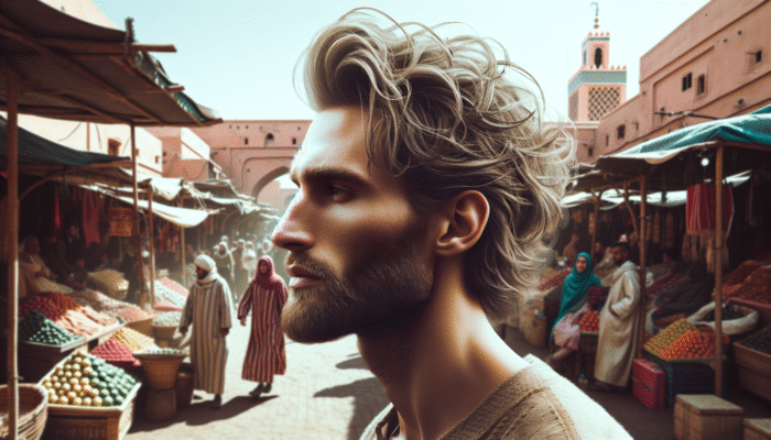 Man with textured hair styled with matte pomade in the bustling markets of Marrakech, showcasing a natural look in windy conditions.