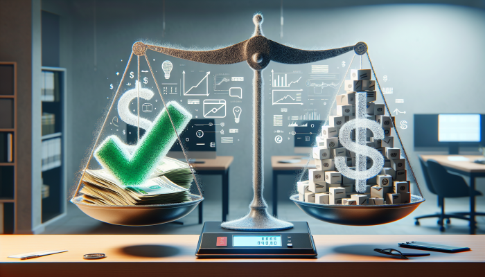 Debt Consolidation Loan Income Requirements: A Guide | DCL A scale balancing bills and a paycheck, with a green checkmark over the lower debt side, in a financial office.