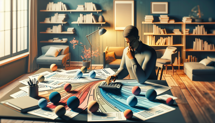 Debt Consolidation Loan Income Requirements: A Guide | DCL Person calculating debt-to-income ratio in a cozy home office, surrounded by financial documents and graphs.