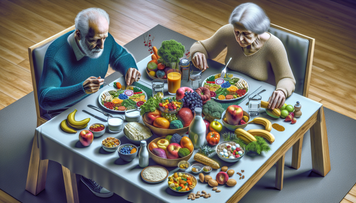 An elderly couple enjoying a healthy meal consisting of fruits, vegetables, and dairy, all rich in essential nutrients.
