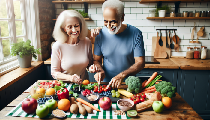 A senior couple in the UK joyfully preparing a healthy, balanced meal with fresh ingredients in their kitchen.
